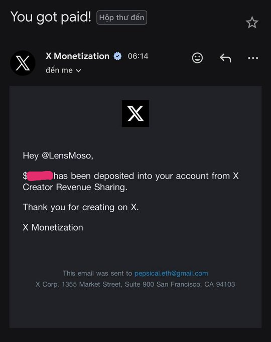 The image shows a black email message with a pink exclamation mark at the bottom, indicating that the recipient has been paid for their work. The message also includes a note from the creator of the work, expressing gratitude towards the person who deposited money into their account.