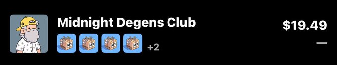 The image shows a Telegram-based NFT item titled "Midnight Degens Club" priced at $19.49, featuring a bearded character avatar alongside four crate collectibles (with "+2" indicating additional ones). This relates to the post about minting items for free as a reward for holding NPC tokens, highlighting the redemption process for these NFT collectibles through the NPC ecosystem.