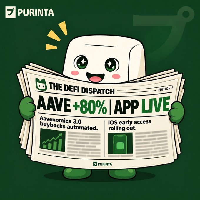 A cartoon character with sparkly green eyes excitedly holds up "The DeFi Dispatch" newspaper, featuring headlines "AAVE +80%" and "APP LIVE" alongside stories about Aavenomics 3.0 automated buybacks and iOS early access rollout, visually reinforcing the announcement of Aave's mobile expansion and growing DeFi adoption.