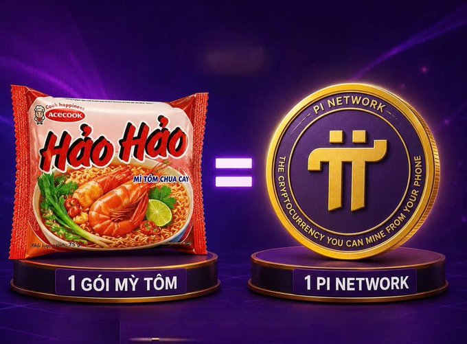 The image shows a comparison between a packet of Acecook "Hảo Hảo" instant noodles ("1 GÓI MỲ TÔM") and a Pi Network coin ("1 PI NETWORK"), illustrating the post's message that mining Pi at its current rate ($0.09/Pi) for a month only earns roughly the value of a single pack of instant noodles, humorously questioning whether users will continue mining.