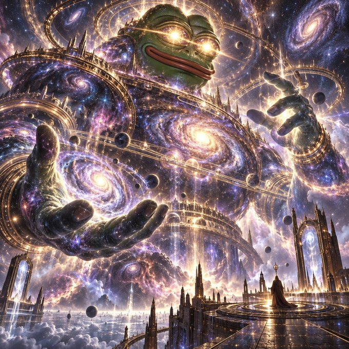 A surreal cosmic artwork featuring a giant Pepe the Frog head floating among swirling galaxies, with large stone hands reaching up from clouds and golden architectural structures.