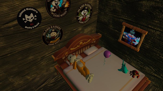 A 3D-rendered bedroom scene from a video game, decorated with 'Island Raiders Game Night' wall stickers and a framed pirate poster, where small animal toys lie on the bed.