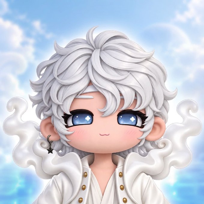 A chibi-style 3D rendered character with fluffy silver-white hair, starry blue eyes, and a star earring, dressed in a white outfit with gold buttons, set against a dreamy blue sky with clouds. The image's angelic aesthetic—featuring cloud-like wisps and celestial elements—aligns with the post's crypto token launch promotion, evoking a heavenly, premium feel suited for a whitelist campaign.