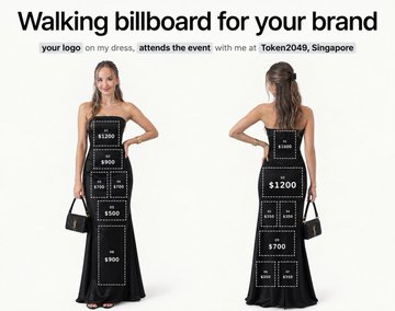 An advertisement for 'Walking billboard for your brand' showing a woman in a black dress printed with cryptocurrency logos and prices like 'BTC $1200' and 'ETH $500,' promoting attendance at Token2049 Singapore.