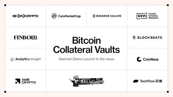 A promotional graphic displays 'Bitcoin Collateral Vaults - Mainnet Demo Launch In the news' surrounded by logos of crypto media outlets including CoinMarketCap, Binance Square, CCN, Finbold, Block3eats, Analytics Insight, CoinNess, AMB Crypto, and TechFlow.