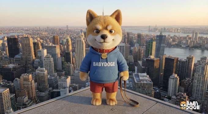 BabyDoge, the iconic Shiba Inu mascot, stands atop a skyscraper overlooking a sprawling cityscape at sunset, wearing a blue "BABYDOGE" hoodie and red shorts with a gold coin necklace, visually representing the partnership announcement with Dogs on the Streets for PR and marketing support.
