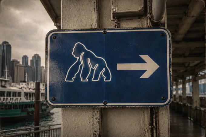 A blue sign featuring a white silhouette of a walking Bigfoot/Sasquatch figure and an arrow pointing right, mounted on a post near a waterfront with a ferry and city skyline in the background.
