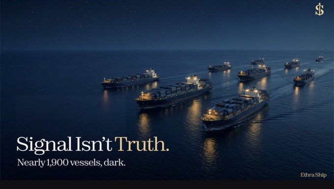 An aerial nighttime view of cargo ships at sea with text reading 'Signal Isn't Truth. Nearly 1,900 vessels, dark.'