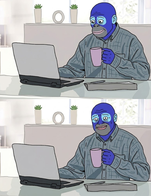 A two-panel meme featuring a Sad Blue Character (similar to "Ahegao" style) sitting at a desk with a laptop and pink mug, looking tired in the top panel and surprised/excited in the bottom panel.