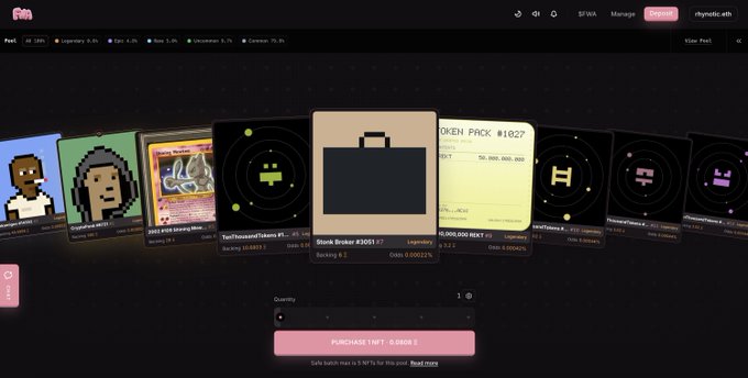 A digital marketplace interface displaying various NFT items for sale, including a 'Stork Broker #3001' being purchased for 0.0928 E.