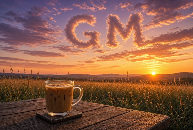 A glass mug of iced coffee sits on a wooden table overlooking a sunset field, with the letters 'GM' creatively formed by clouds in the sky.