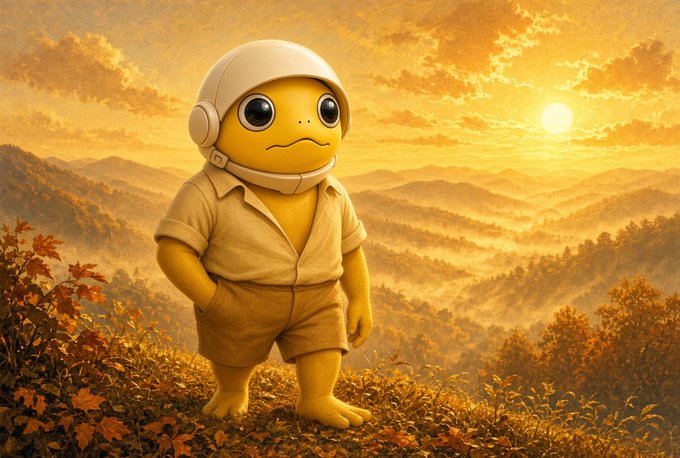 An illustration of a small yellow character wearing a white helmet and beige outfit, standing on a grassy hill overlooking misty mountains during sunset.