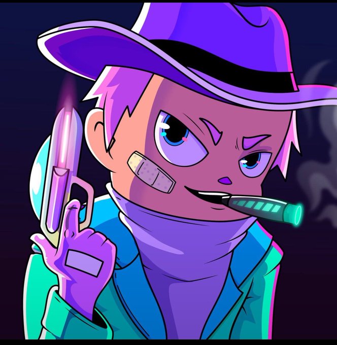 A cartoon-style illustration of a character with purple hair wearing a purple cowboy hat, holding a glowing pink gun and a cigar in their mouth.