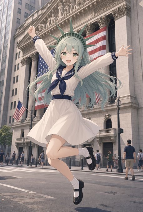 An anime-style illustration of a green-haired character wearing a Statue of Liberty crown and a sailor outfit, jumping joyfully in front of what appears to be a New York Stock Exchange building with American flags.