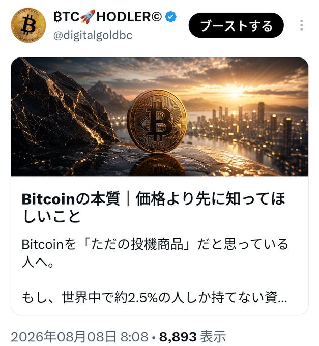 A screenshot of a Japanese X (Twitter) post by verified account "BTC HODLER🚀" (@digitalgoldbc) with 8,893 views, featuring a Bitcoin coin against a sunset cityscape, headlined "Bitcoinの本質｜価格より先に知ってほしいこと" (The essence of Bitcoin: What you should know before the price), explaining that Bitcoin is held by only about 2.5% of people worldwide and emphasizing understanding its structure over short-term price fluctuations.