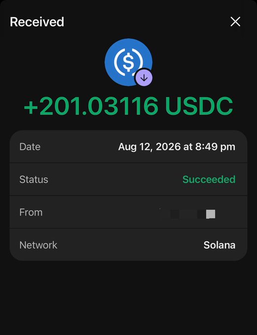 A mobile cryptocurrency wallet screenshot showing a successful received transaction of +201.03116 USDC on the Solana network, dated Aug 12, 2026 at 8:49 pm.