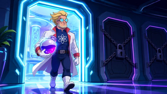A cartoon-style illustration of a blonde scientist wearing glasses and a lab coat, holding a flask with purple liquid, walking out of a laboratory with neon blue lighting and locked chained doors.