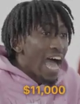 A shocked young man in a pink hoodie with the caption "$11,000" overlaid in yellow text, illustrating the post about a trader revealing he lost $11,000 copy trading RASMR. The man's wide-eyed, open-mouthed expression of disbelief visually captures the financial loss described in the news.