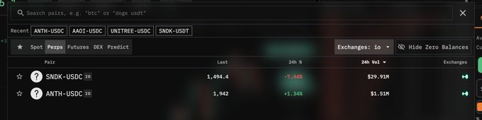 The image shows a cryptocurrency exchange dashboard on tread.fi displaying recent trading pairs including ANTH-USDC, AAOI-USDC, UNITREE-USDC, and SNDK-USDC, with SNDK-USDC trading at 1,494.4 (-7.44%, $29.91M volume) and ANTH-USDC at 3,942 (+1.34%, $1.51M volume). The dashboard demonstrates tread.fi's platform where tokens like Entropy can be traded across 10 exchanges, supporting the announcement that Entropy (entropyIO) is available on the platform.