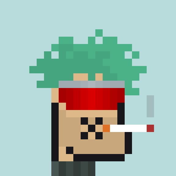 A pixel art image of a small character with green hair, a red headband, and a cigarette in their mouth on a light blue background.