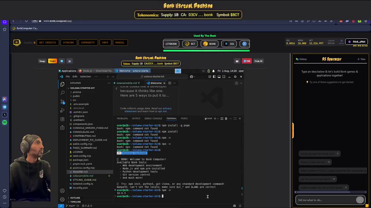 The image shows a computer screen displaying a webpage, possibly related to a video game or streaming platform like Twitch. The screen has a chat window open, with a person's head visible above it. The background of the image is black, which contrasts with the white text on the screen and makes the content more prominent. The caption below the image reads "Before we go ahead and show you the new Bonk cOmpUter let me show you how my lives were that you probably didnt tune in for: TURN ANY WEBAPP INTO AN ANDROID AND/OR SOLANA MOBILE APPS".