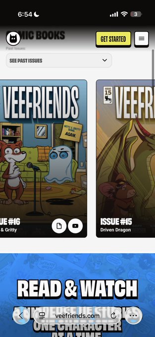A screenshot showing the veefriends.com/comics webpage with a clear blue sky background, displaying "Issue #01" of "The Aspiring Knight" comic book. The image promotes reading one of the Veefriends comics, with visible text including "READ ONE CHARACTER AT A TIME."