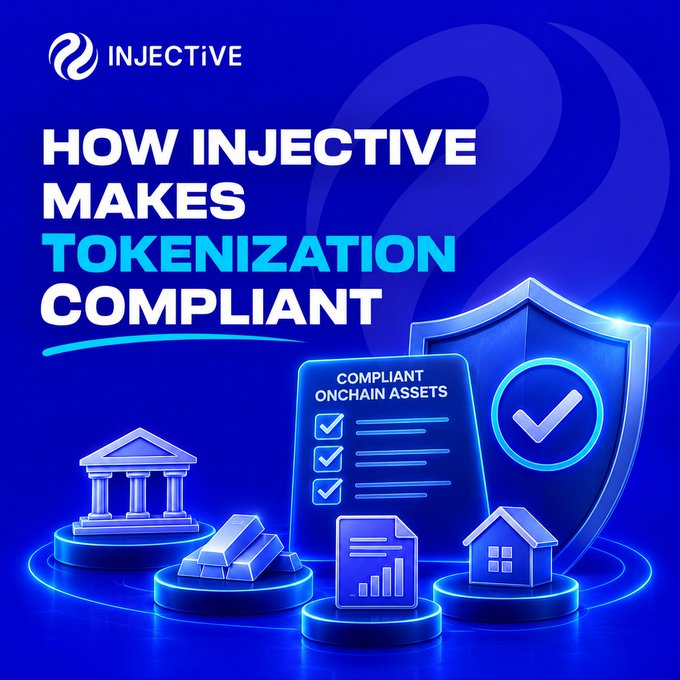 An Injective cryptocurrency promotional graphic titled 'HOW INJECTIVE MAKES TOKENIZATION COMPLIANT' showing icons of a bank, gold, documents, and a house with a compliance shield.