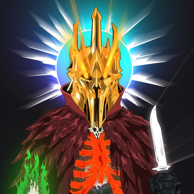 Digital artwork depicting a dark fantasy knight character with a spiked golden helmet, dark feathered cloak, and a glowing sword.