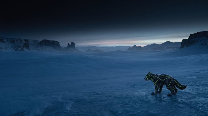 A black wolf with glowing green outlines stands on a frozen, snow-covered landscape at dusk, with mountains visible in the distance.