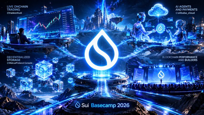Promotional banner for Sui Basecamp 2026 featuring a glowing blue water droplet logo surrounded by futuristic scenes of live onchain trading (tradeonhud), AI agents and payments (alibaba_cloud), decentralized storage (WalrusProtocol Console), and blockchain performance and builders.