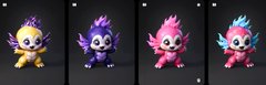 Four small cartoon creature characters with large eyes and fluffy tails shown in different color variations (yellow/orange, purple, pink, and cyan/pink).
