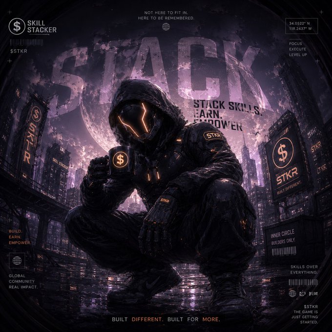 A dark, cyberpunk-style promotional poster for 'SKILL STACKER' featuring a hooded figure with glowing orange accents holding a coin with a dollar sign, set against a city backdrop with a large moon and text reading 'STACK SKILLS. EARN. EMPOWER' and 'BUILT DIFFERENT. BUILT FOR MORE.'