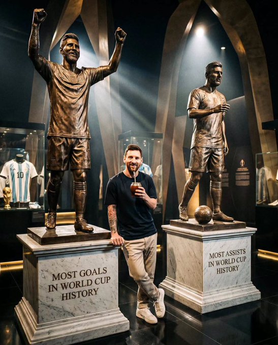 A digitally created scene of Lionel Messi standing between two bronze statues, one labeled 'MOST GOALS IN WORLD CUP HISTORY' and the other 'MOST ASSISTS IN WORLD CUP HISTORY', while drinking mate.