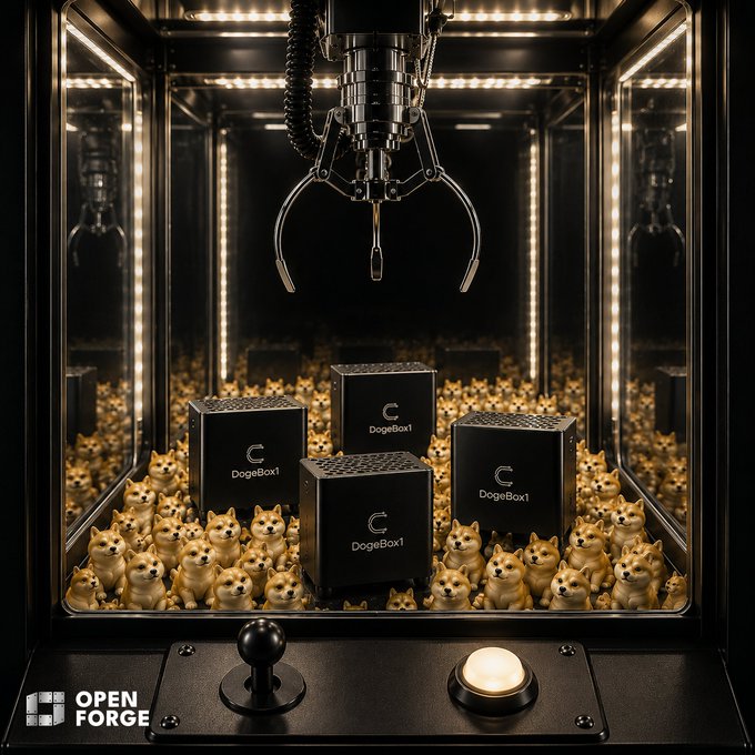 A claw machine filled with numerous small Shiba Inu (Dogecoin) figurines surrounding several black 'DogeBox1' branded cubes, with an 'OPEN FORGE' logo in the corner.