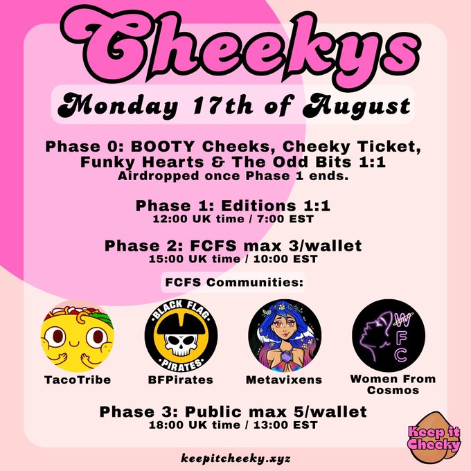 Promotional graphic for 'Cheekys' NFT drop on Monday 17th of August, outlining phases including BOOTY Cheeks, Editions, and FCFS communities like TacoTribe, BFPirates, Metavixens, and Women From Cosmos.