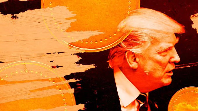 Stylized red-toned graphic illustration of Donald Trump in profile, set against an orange background with geometric circular patterns and paint strokes.