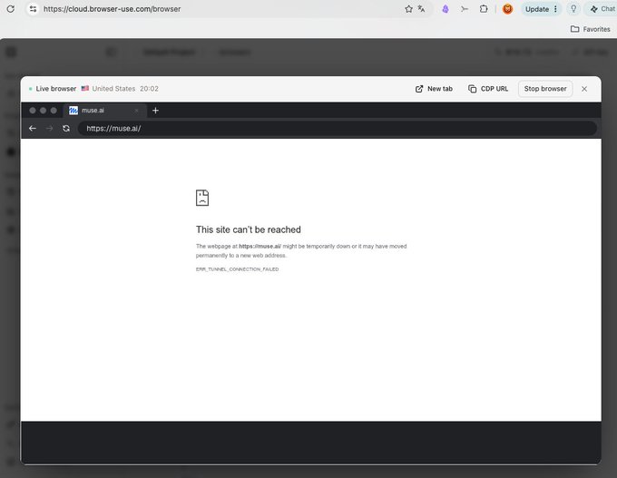 A screenshot of the browser-use cloud platform (browser-use.com) showing a failed connection attempt to muse.ai, displaying "This site can't be reached" and "ERR_TUNNEL_CONNECTION_FAILED," which the caption suggests indicates browser-use has been shut down as an access method to the Muse platform.