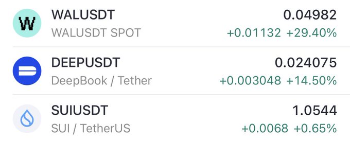 A cryptocurrency price ticker showing WALUSDT at 0.04982 (+29.40%), DEEPUSDT (DeepBook/Tether) at 0.024075 (+14.50%), and SUIUSDT at 1.0544 (+0.65%).