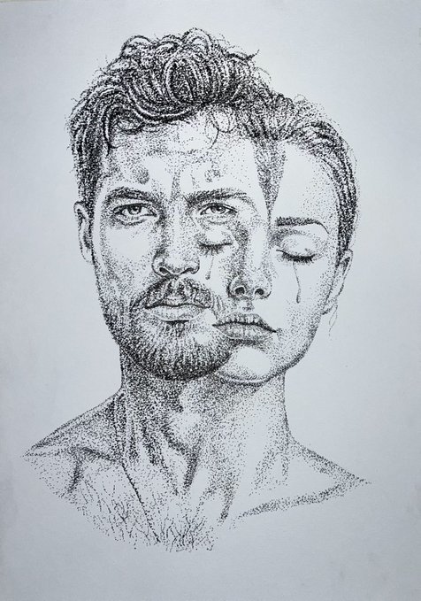 A detailed pen-and-ink stipple drawing depicting two overlapping faces—a bearded man with a solemn expression and tear-streaked closed eyes, merging with a serene feminine face—reflecting the artist's introspective and emotional creative vision shared on the Objkt platform.