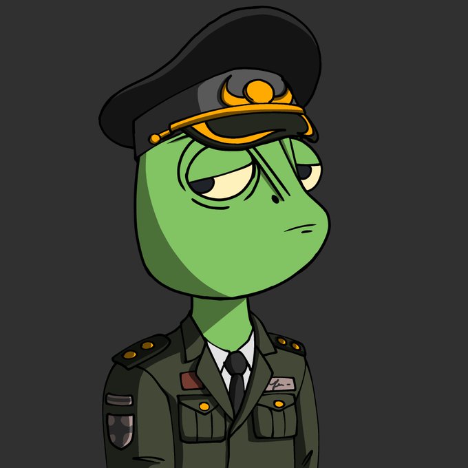 A cartoon illustration of a green alien character with a tired expression wearing a dark military officer's uniform and a black peaked cap with gold detailing.