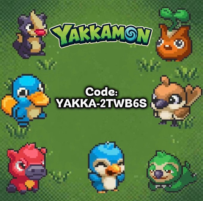 A promotional graphic for "Yakkamon" featuring pixel-art creature characters (including a skunk, plant, duck, bird, hippo, and bear) on a green grass background, displaying the referral code "YAKKA-2TWB6S" to join the NFT competition leaderboard event starting August 5th.