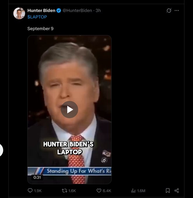 Hunter Biden's X post reads "SLAPTOP" alongside a September 9 video clip labeled "Hunter Biden's Laptop," which appears to reference a Sean Hannity segment about the $LAPTOP token that the accompanying post investigates. The post notes 1.9K replies, 1.6K reposts, 6.4K likes, and 1.6M views, highlighting significant engagement with the meme coin's promotion by Hunter Biden's official account.
