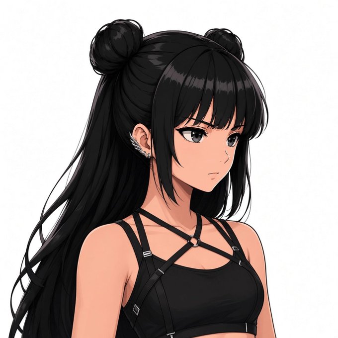An anime-style digital illustration of a girl with long black hair styled in twin buns, wearing a black top with crisscross straps against a plain white background.