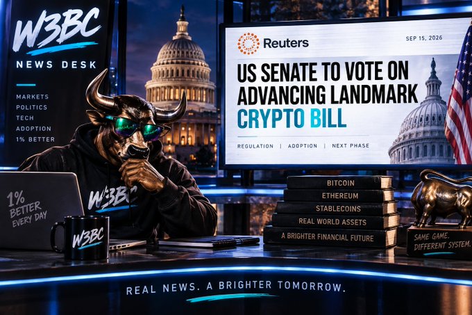 A news desk graphic featuring a person in a bull mask and 'W3BC' hoodie at a studio setup, with a Reuters headline reading 'US SENATE TO VOTE ON ADVANCING LANDMARK CRYPTO BILL' dated SEP 15, 2026, alongside a bull statue and books labeled 'BITCOIN', 'ETHEREUM', 'STABLECOINS', 'REAL WORLD ASSETS', and 'A BRIGHTER FINANCIAL FUTURE'.