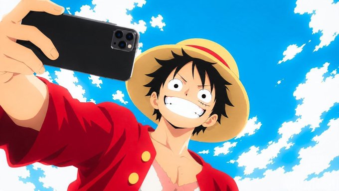 An anime-style illustration of Monkey D. Luffy from One Piece, wearing his signature straw hat and red shirt, taking a selfie with a smartphone against a cloudy blue sky.