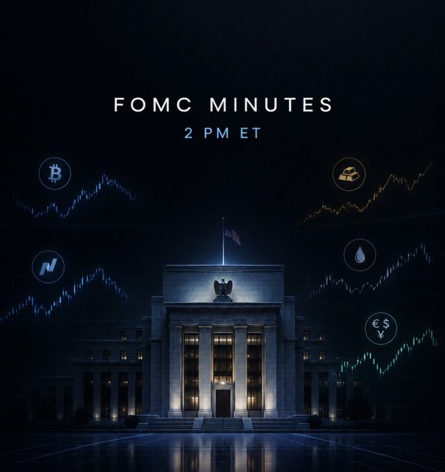Promotional graphic announcing 'FOMC MINUTES 2 PM ET' featuring the Federal Reserve building at night, surrounded by financial market icons including Bitcoin, oil, and currency symbols.