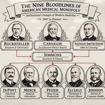 An infographic titled 'The Nine Bloodlines of American Medical Monopoly' showing a lineage chart connecting historical figures like Rockefeller, Carnegie, and DuPont to modern industries.