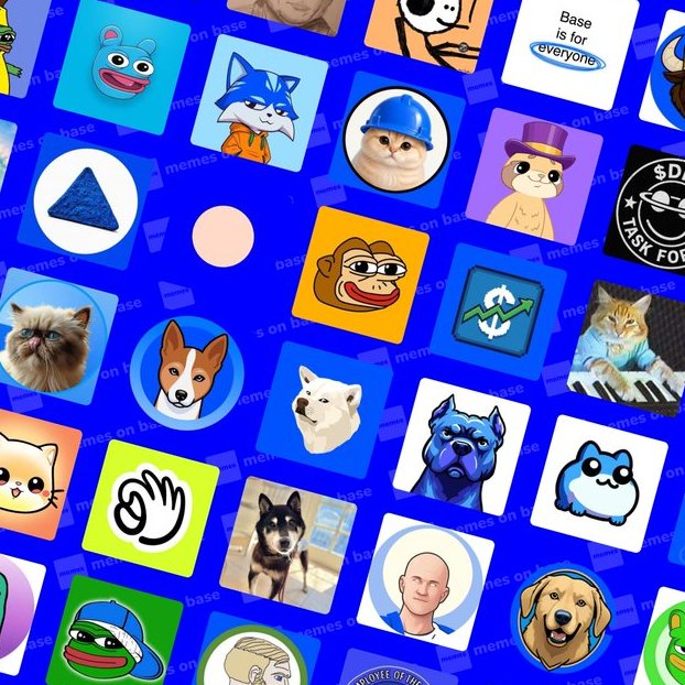 A vibrant collage of various memecoin logos and icons, including recognizable characters like the Doge dog, Pepe the Frog, Brett, and cat memes, displayed on a blue background with repeating "memes on base" text, visually representing the diverse collection of memecoins available on the Base blockchain.