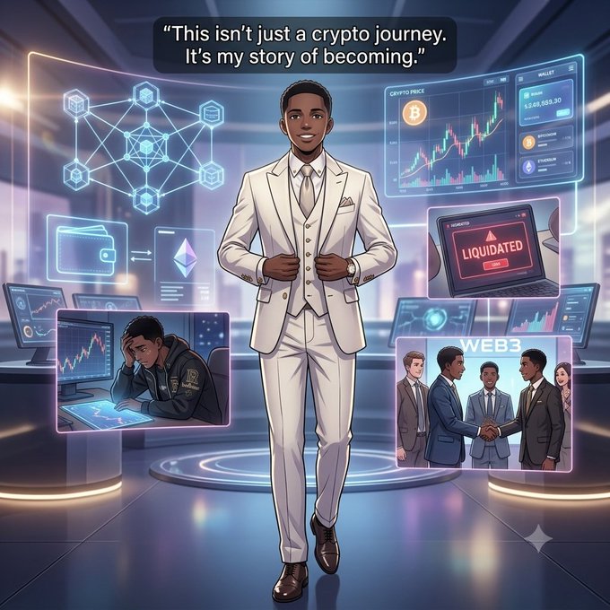 A digital illustration of a man in a cream-colored suit standing in a futuristic room, surrounded by screens showing cryptocurrency charts and the text 'This isn't just a crypto journey. It's my story of becoming.'
