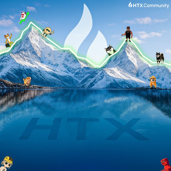 HTX Community promotional graphic showing a mountain landscape reflected in water with 'HTX' in the reflection, featuring various cartoon mascot characters and a green upward chart line.